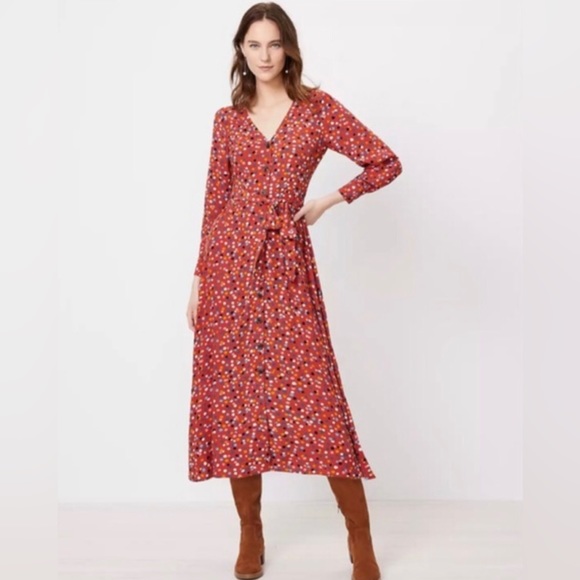 LOFT Dresses & Skirts - Loft Dotted V-neck Tie Waist Midi Shirt Dress Size 10